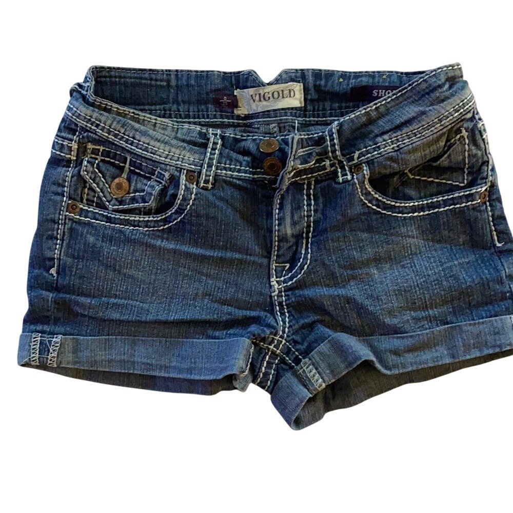 VIGOLD Womens Blue‎ Denim Shorts White Stitching Cuffed Hem Size 0